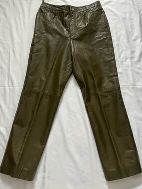 Linda Allard Ellen Tracy Genuine Leather Olive High Waist Pants -Size 8